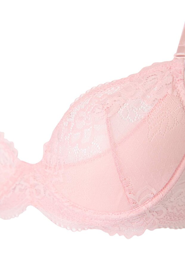 Açık Pembe Dantelli İp Askılı Demi Dolgusuz Kaplı Balconette Örme Sütyen THMSS24SU00030 - 4