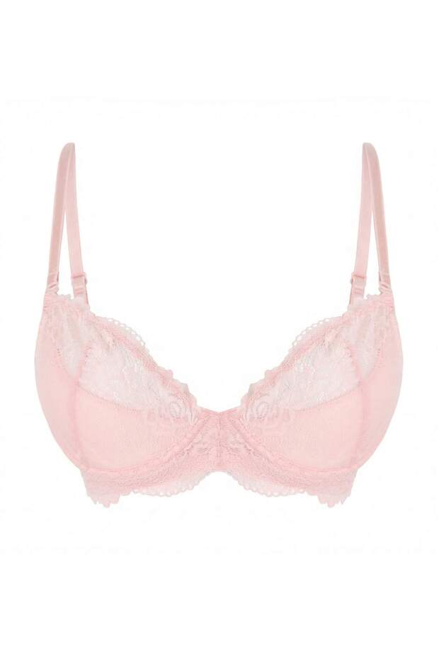 Açık Pembe Dantelli İp Askılı Demi Dolgusuz Kaplı Balconette Örme Sütyen THMSS24SU00030 - 3