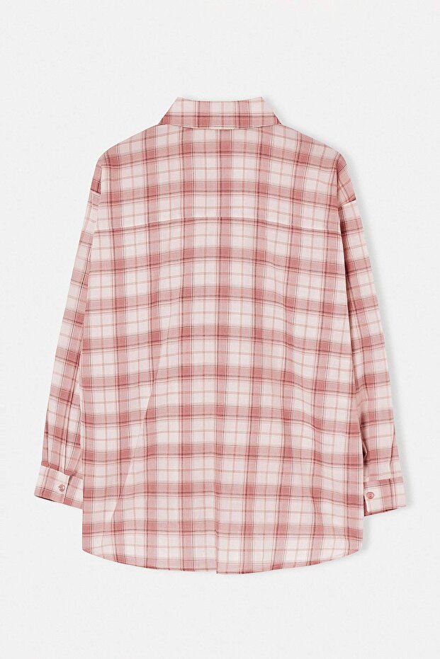 Pembe Ekoseli Oversize %100 Pamuk Gömlek TCTSS26TG00055 - 6