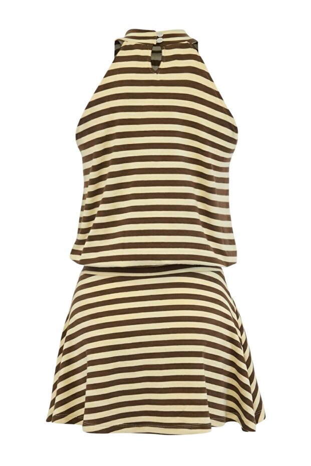 Çok Renkli Çizgili Belden Açılan Halter Yaka Kolsuz Mini Yumuşak Örme Elbise TWOSS26EL00254 - 7