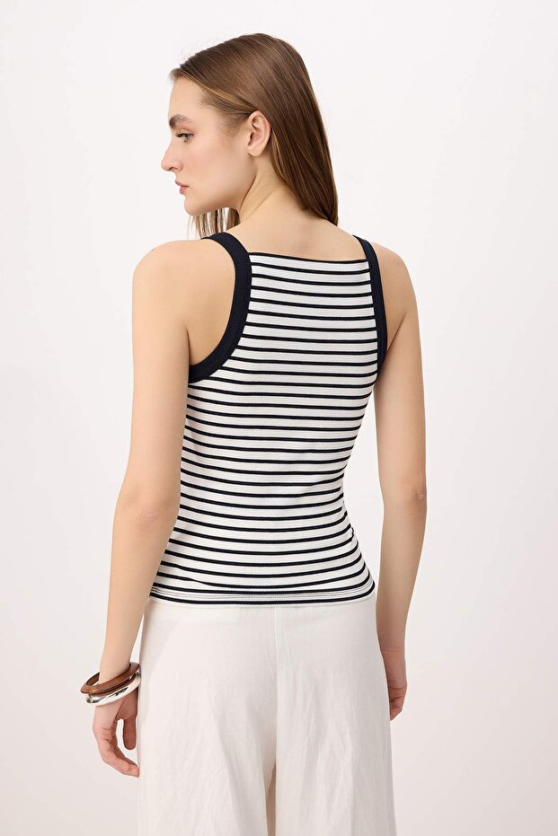 Lacivert Çizgili Fitted/Vücuda Oturan Halter Yaka Uzun Fitilli Esnek Örme Atlet TWOSS26AL00019 - 4