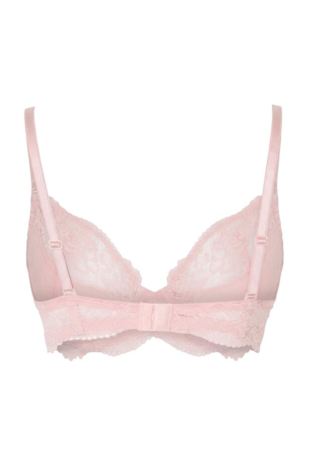 Açık Pembe Dantelli İp Askılı Demi Dolgusuz Kaplı Balconette Örme Sütyen THMSS24SU00030 - 5