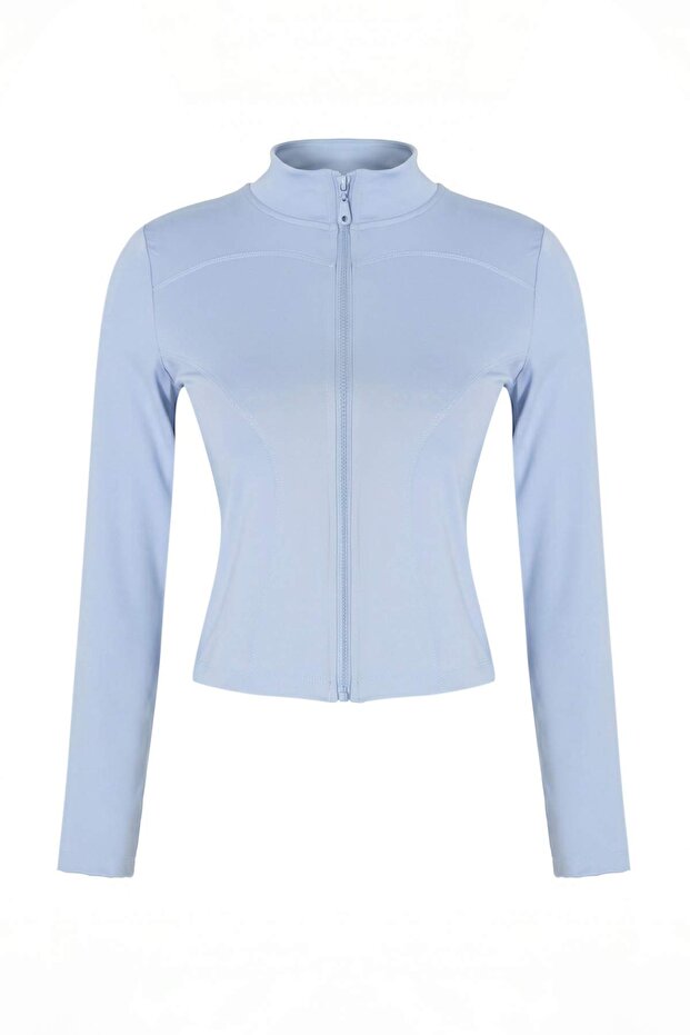 Açık Mavi Vücuda Oturan Fermuarlı Dik Yaka Örme Spor Ceket/Sweatshirt TWOAW23BZ00592 - 7