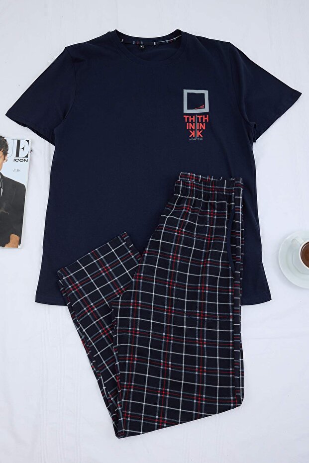 Lacivert Regular/Normal Kesim Ekose/Kareli Pamuklu Örme Pijama Takımı TMNSS26PT00048 - 5