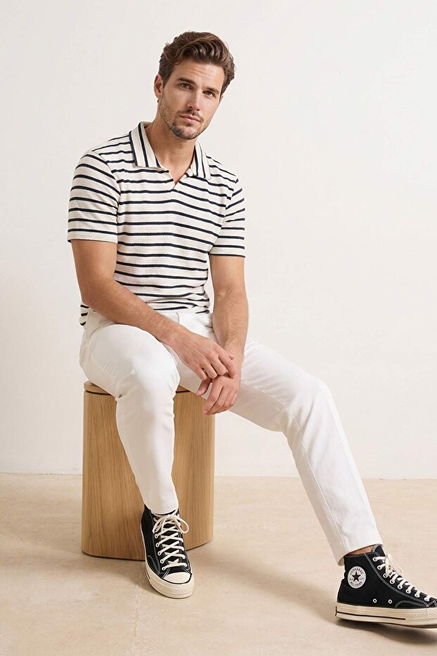 Navy Blue Regular/Normal Cut Textured Striped Polo Neck T-Shirt Tmnss26Po00013