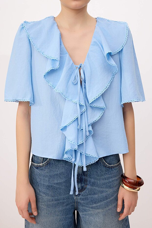 Bebe Mavisi Fırfır Detaylı Önü Bağlamalı Dokuma Bluz TWOSS26BZ00535 - 3