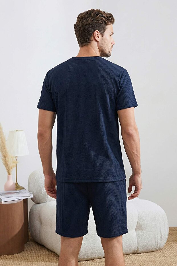Lacivert Regular Fit Dokulu Esnek Örme Pijama Takımı TMNSS26PT00018 - 2