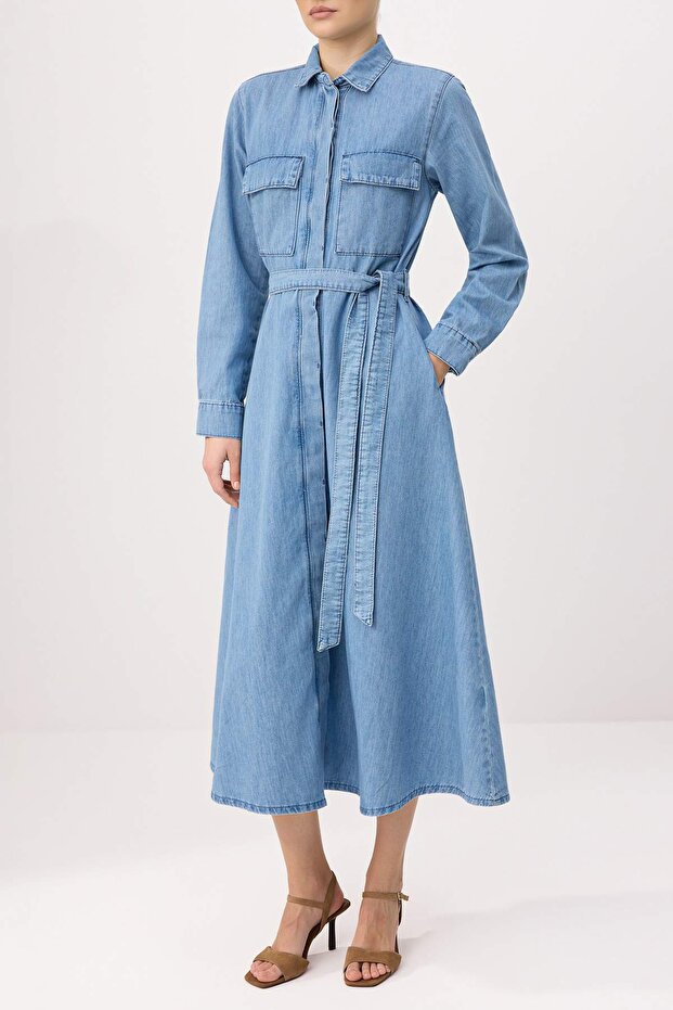 Mavi Maxi Bağlama Detaylı Denim Elbise TWOSS26EL00268 - 3