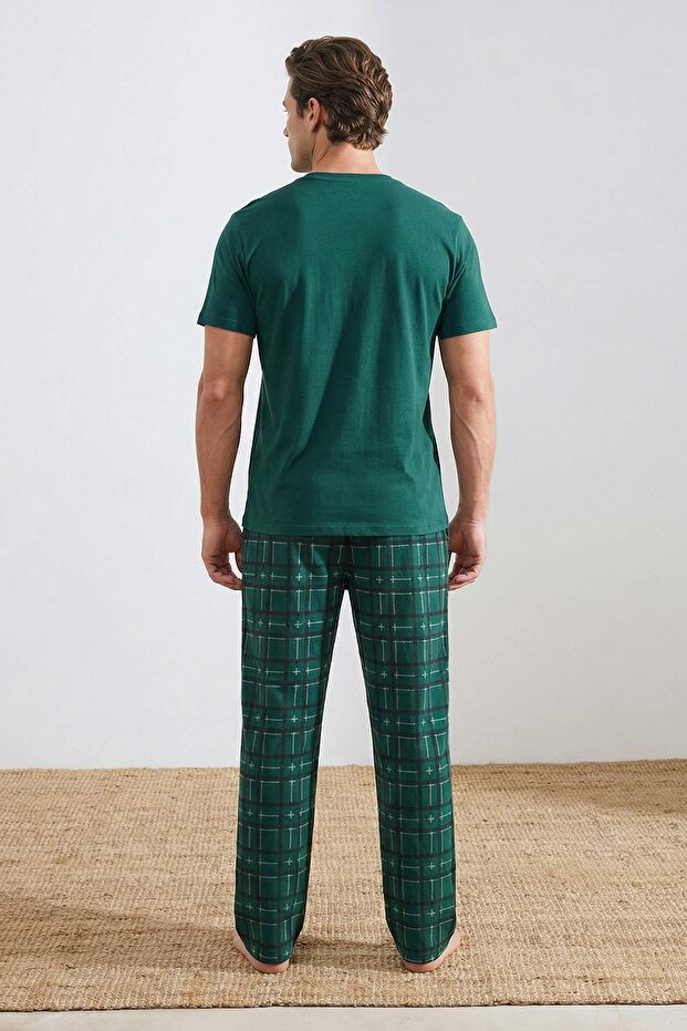 Yeşil Regular/Normal Kesim Baskılı Alt Ekose Desenli Pijama Takımı TMNSS26PT00044 - 3