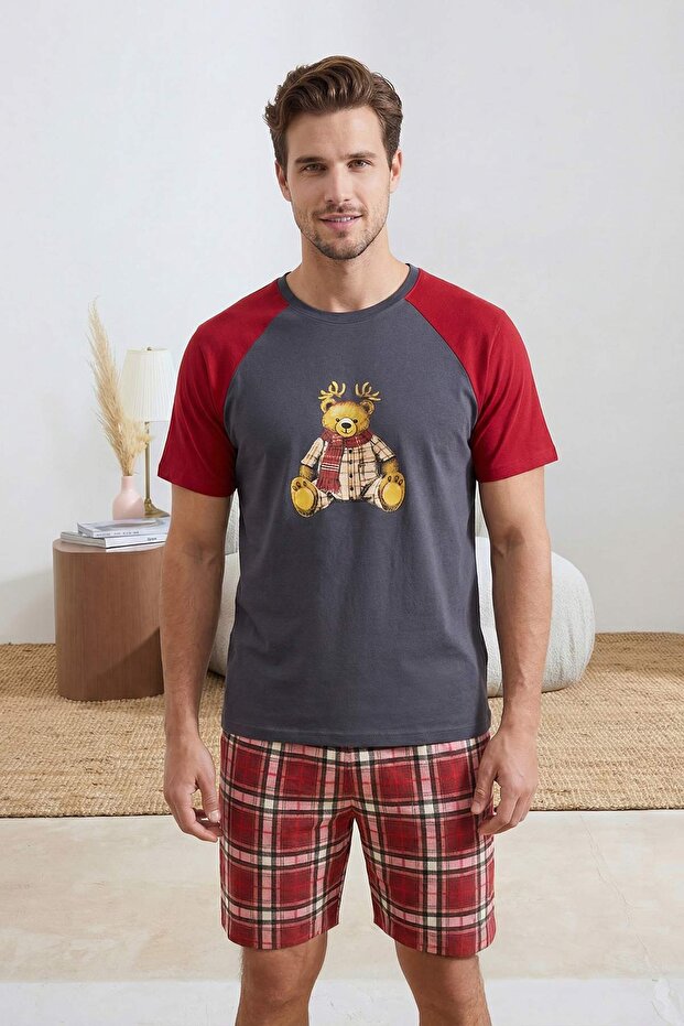 Bordo Regular Fit Ekose Ayıcık Baskılı Pijama Takımı TMNSS26PT00022 - 2