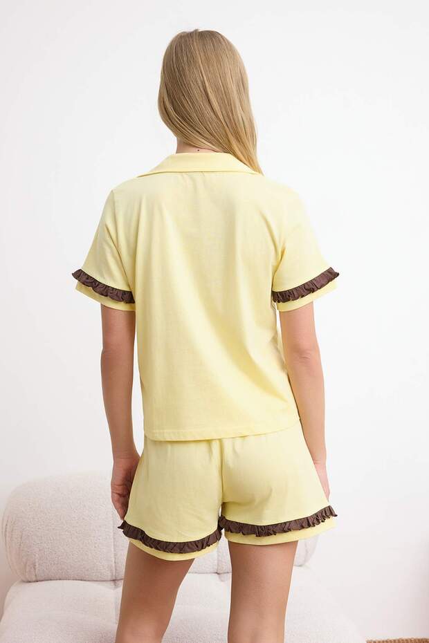 Sarı %100 Pamuklu Fırfır ve Bağlama Detaylı Örme Pijama Takımı THMSS26PT00152 - 5