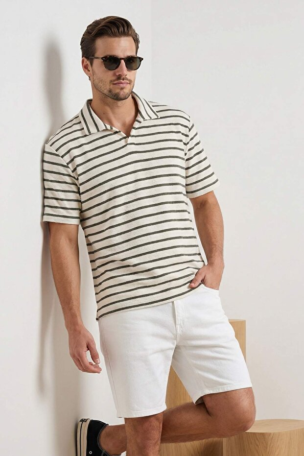 Yeşil Regular/Normal Kesim Dokulu Çizgili Polo Yaka T-shirt TMNSS26PO00013 - 5