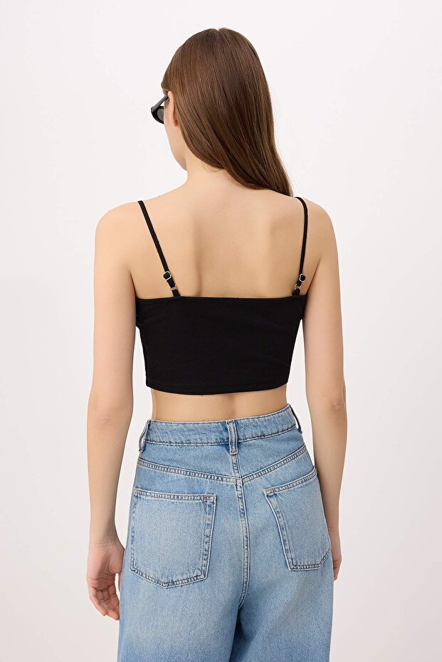 Siyah Fitted Süper Crop Askılı Straplez Kolsuz Pamuk Ribana Örme Atlet TWOSS26AL00044 - 4