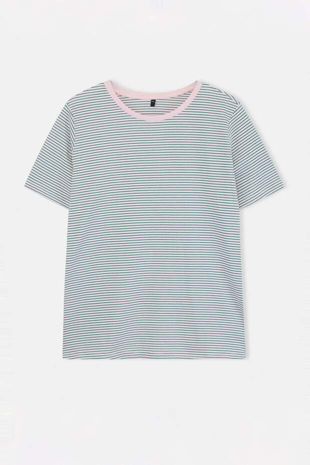 Pembe Çizgili Bisiklet Yaka Çizgili Örme T-Shirt TBBSS23BF00068 - 1