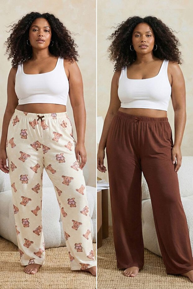 Ekru-Kahverengi  2'li Paket Örme Pijama Altı TBBAW26IA00003 - 4