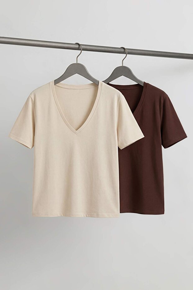 Kahverengi-Bej 2'li Paket Regular Fit Crop/Kısa Boy V Yaka Basic Büyük Beden T-shirt TBBSS26BF00028 - 7