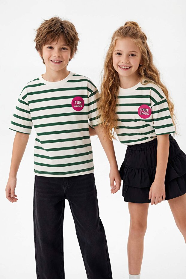Yeşil Çizgili Örme T-Shirt TKDSS25TS00037 - 2