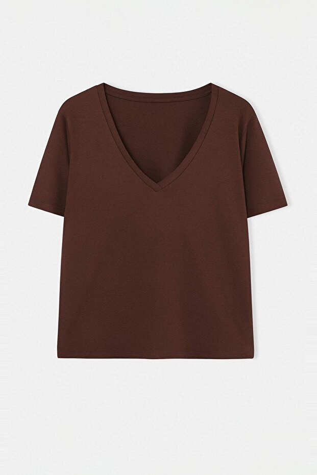 Kahverengi-Bej 2'li Paket Regular Fit Crop/Kısa Boy V Yaka Basic Büyük Beden T-shirt TBBSS26BF00028 - 10