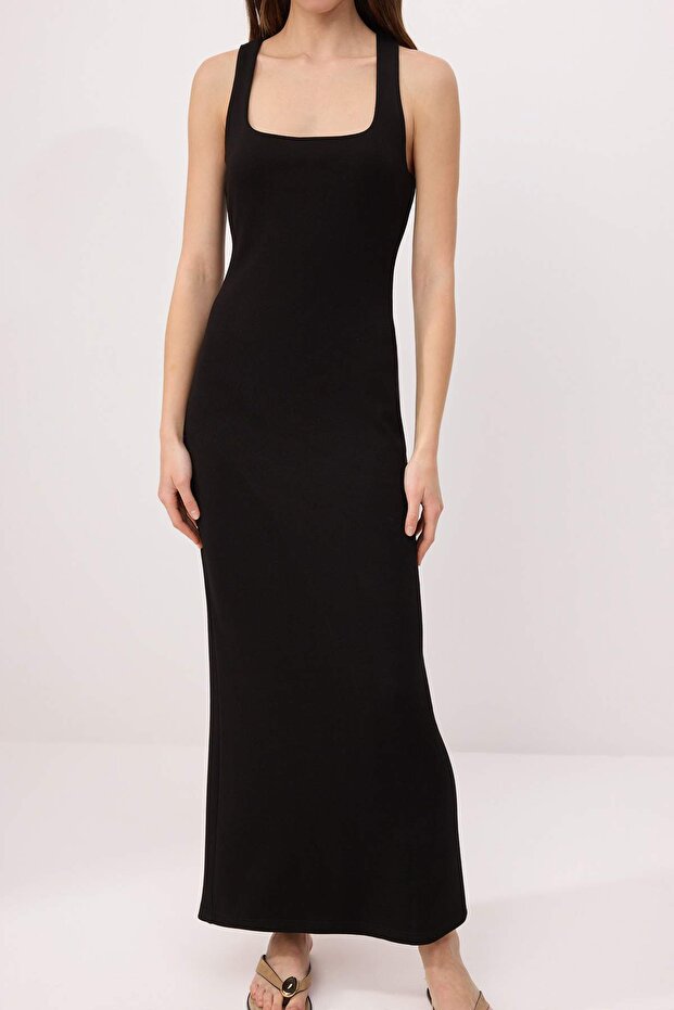 Siyah Bodycon Kare Yaka Kalın Askılı Kolsuz Maxi Soft Touch Örme Elbise TWOSS26EL00631 - 3
