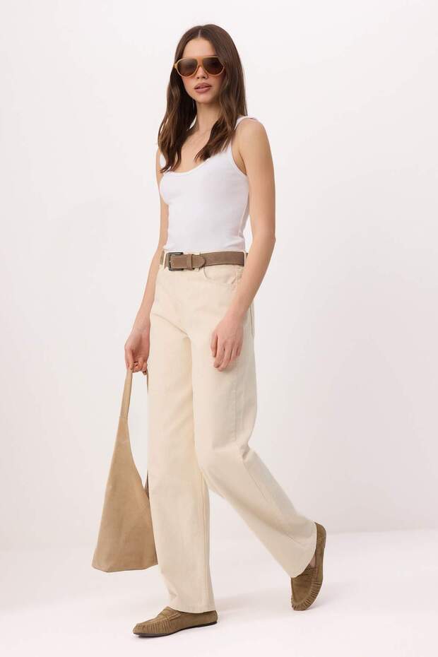 Ekru Yüksek Bel Baggy %100 Pamuk Non-Stretch Jeans TWOAW25JE00130