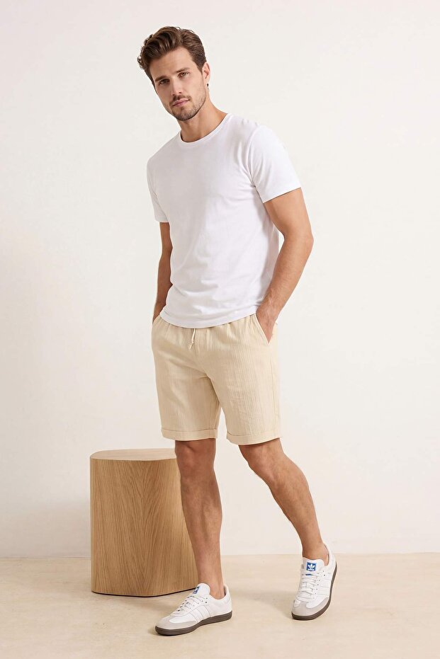 Bej Normal Kalıp/Regular Fit %100 Pamuklu Dokulu Boru Paça Erkek Dokuma Şort&Bermuda TMNSS26SR00010 - 3