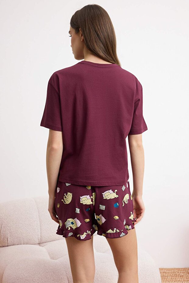 Mürdüm %100 Pamuklu Kedi Baskılı Fırfırlı Örme Pijama Takımı THMSS26PT00174 - 4