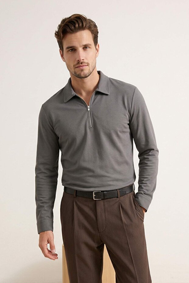 Antrasit Regular Fit Gabardin Polo Yaka Erkek Gömlek TMNSS26GO00003 - 2