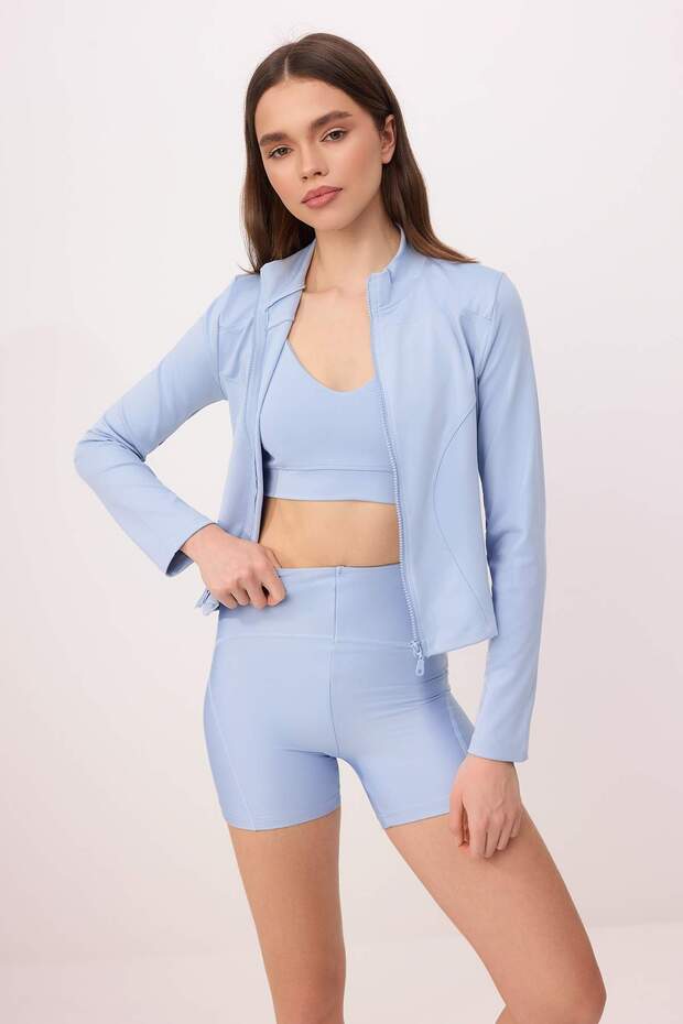 Açık Mavi Vücuda Oturan Fermuarlı Dik Yaka Örme Spor Ceket/Sweatshirt TWOAW23BZ00592 - 3