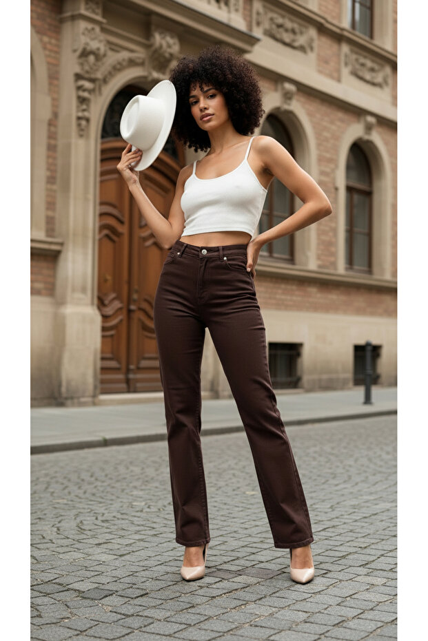 Brown Lycra Stretch Palazzo Jean Trousers