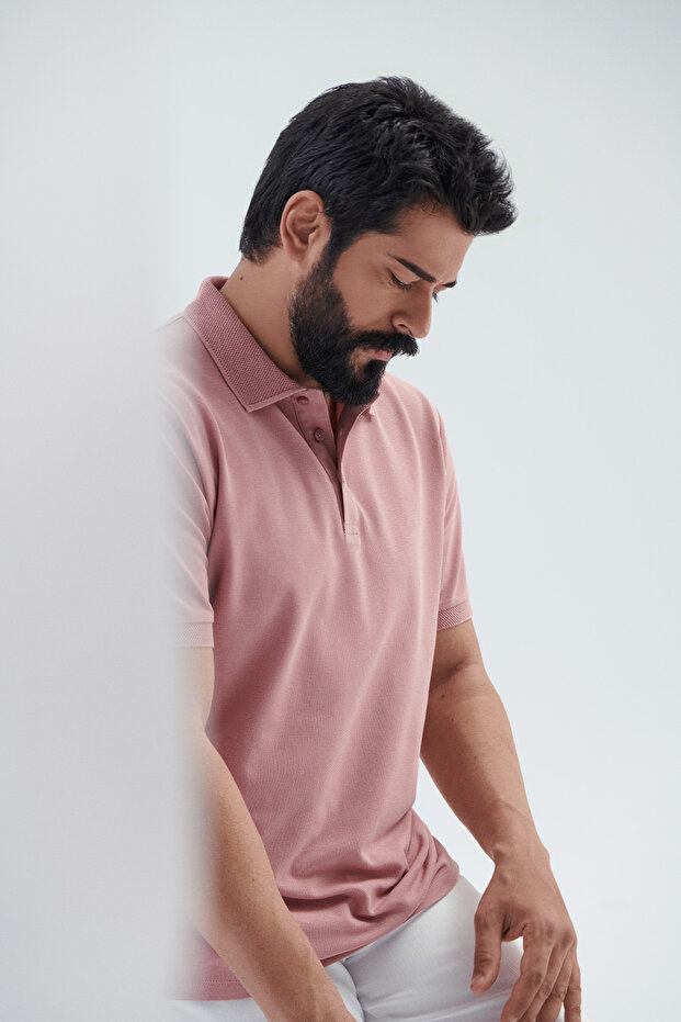 Erkek Gül Kurusu %100 Pamuk Kıvrılmaz Pike Polo Yaka Slim Fit Dar Kesim Tişört - 5