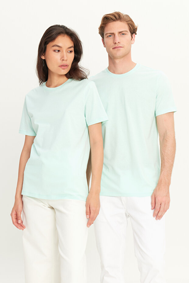 Erkek Mint %100 Pamuk Slim Fit Dar Kesim Bisiklet Yaka Basic Tişört - 3