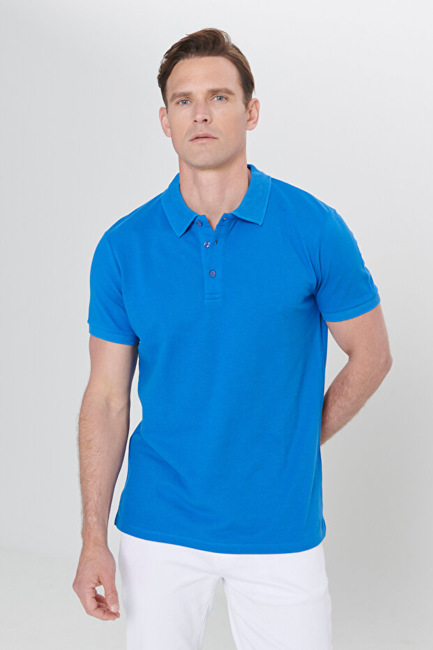 Erkek Royal Mavi %100 Pamuk Kıvrılmaz Pike Polo Yaka Slim Fit Dar Kesim Tişört - 7