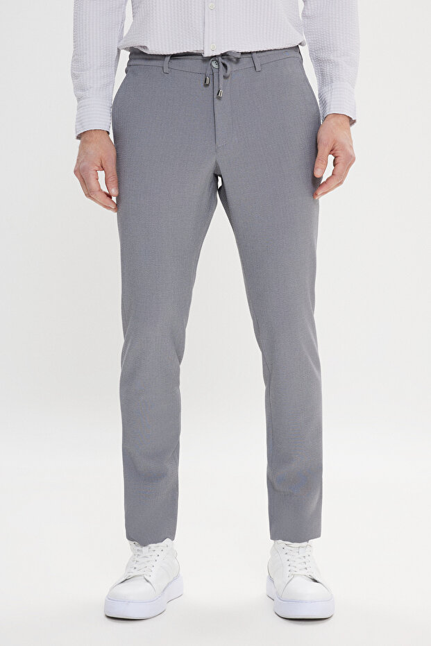 Men's Gray Slim Fit Slim Fit Waist Tie Side Pocket Seersucker Patterned Trousers