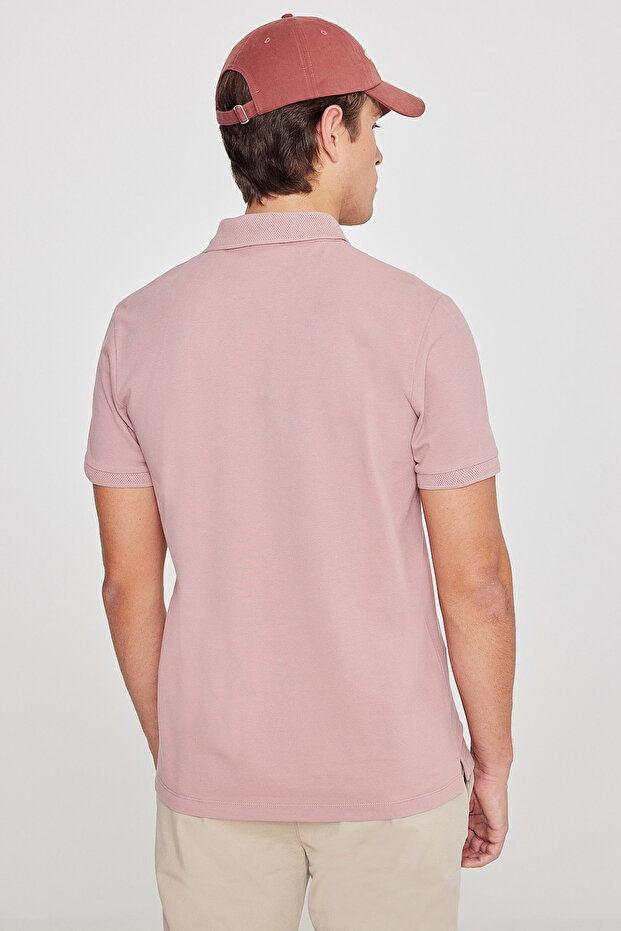 Erkek Gül Kurusu %100 Pamuk Kıvrılmaz Pike Polo Yaka Slim Fit Dar Kesim Tişört - 10