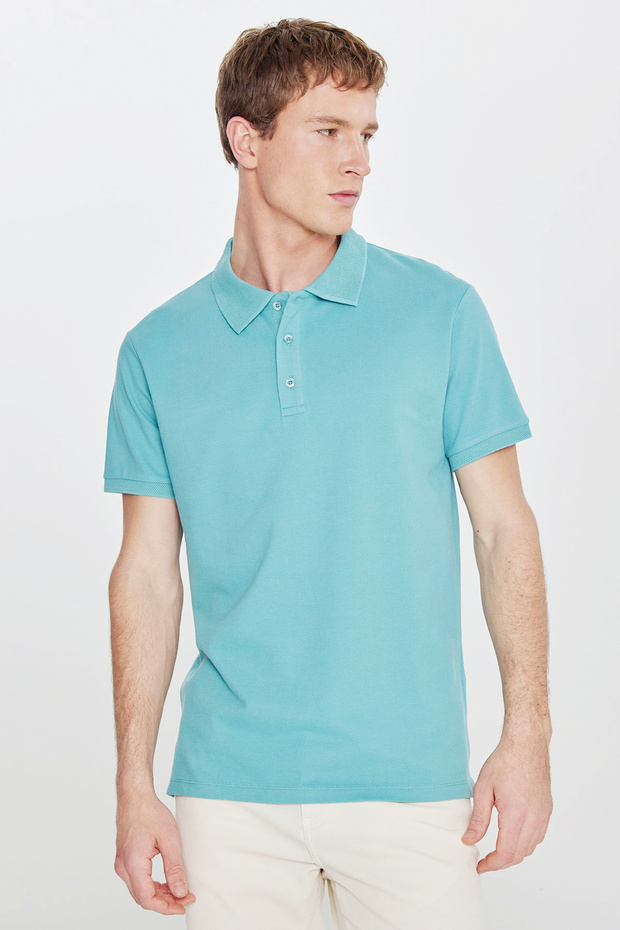 Erkek Petrol %100 Pamuk Kıvrılmaz Pike Polo Yaka Slim Fit Dar Kesim Tişört - 5