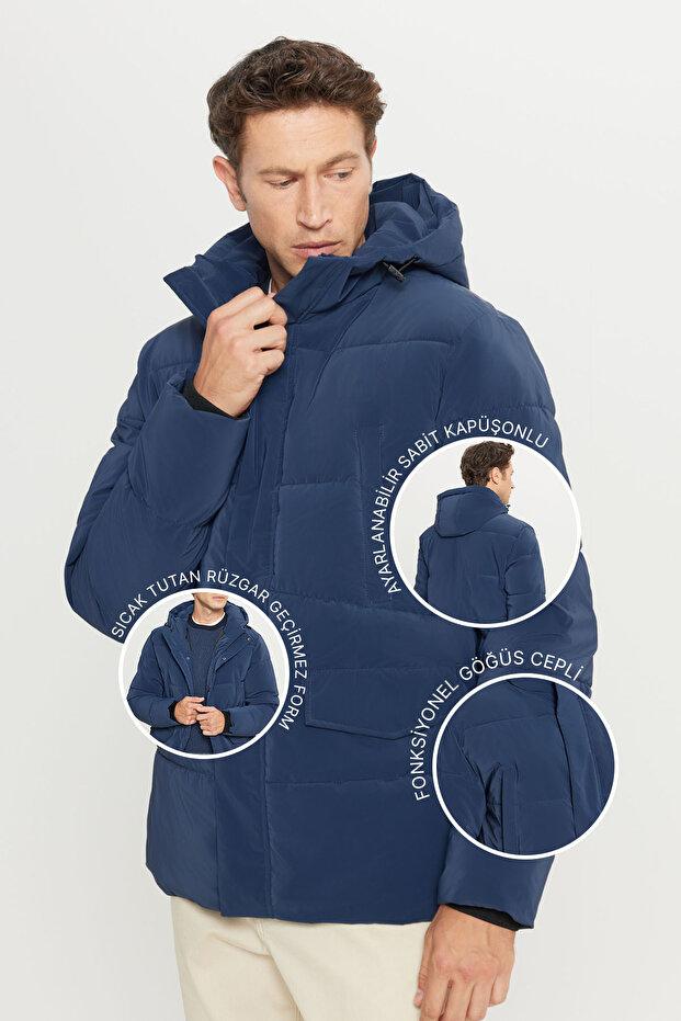 Men's Indigo Cold Proof Warm Padded Coat Jacket D Mock Neck K Hooded with Flap Pocket