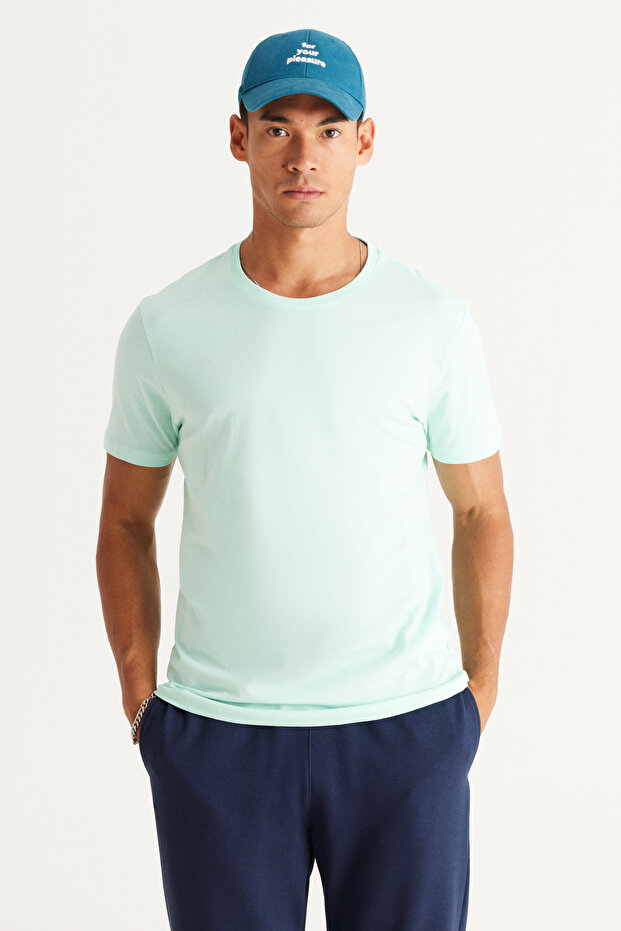 Erkek Mint %100 Pamuk Slim Fit Dar Kesim Bisiklet Yaka Basic Tişört - 1