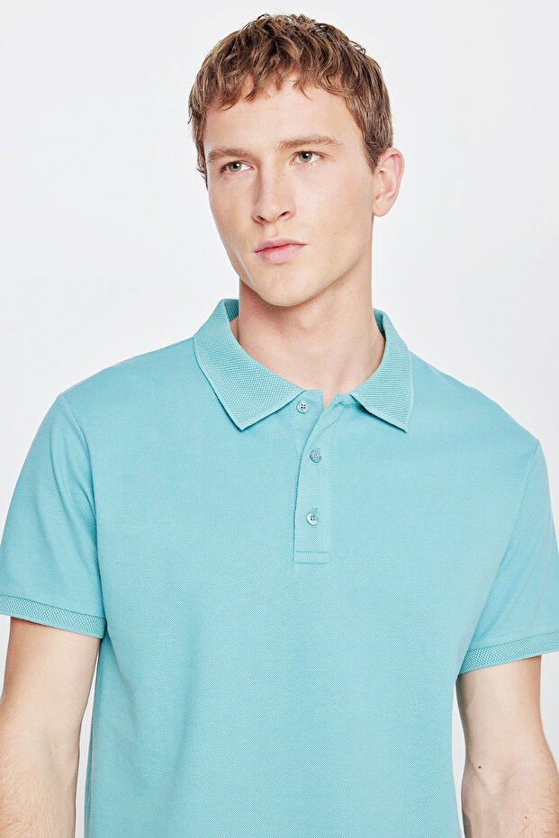 Erkek Petrol %100 Pamuk Kıvrılmaz Pike Polo Yaka Slim Fit Dar Kesim Tişört - 9