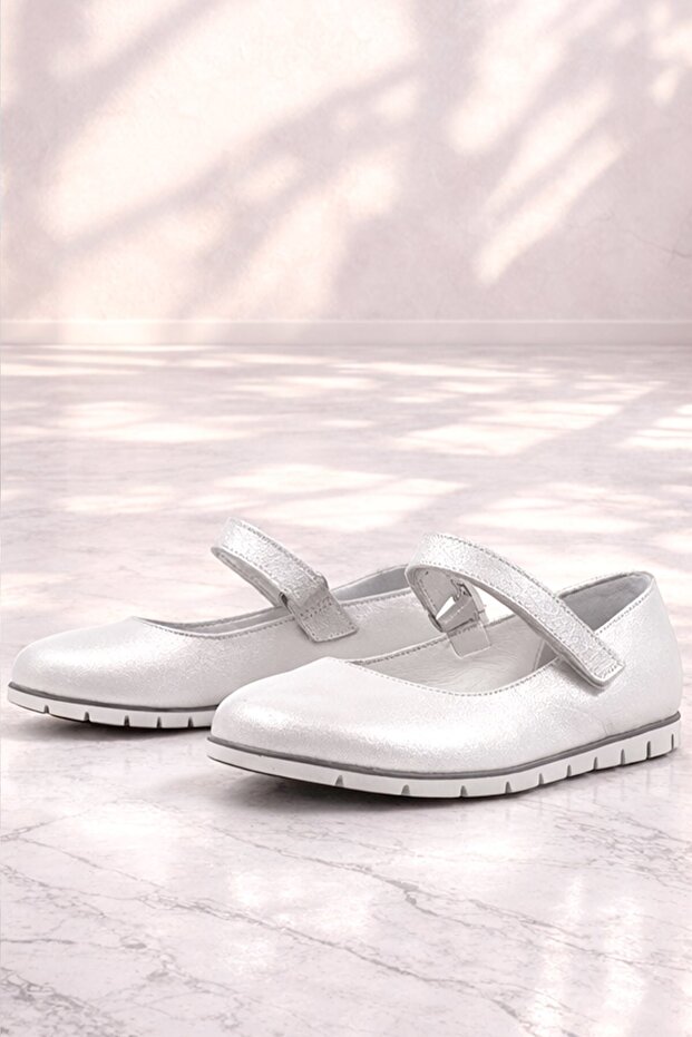 Rakerplus Genuine Leather Silver Velcro Girls' Ballerinas