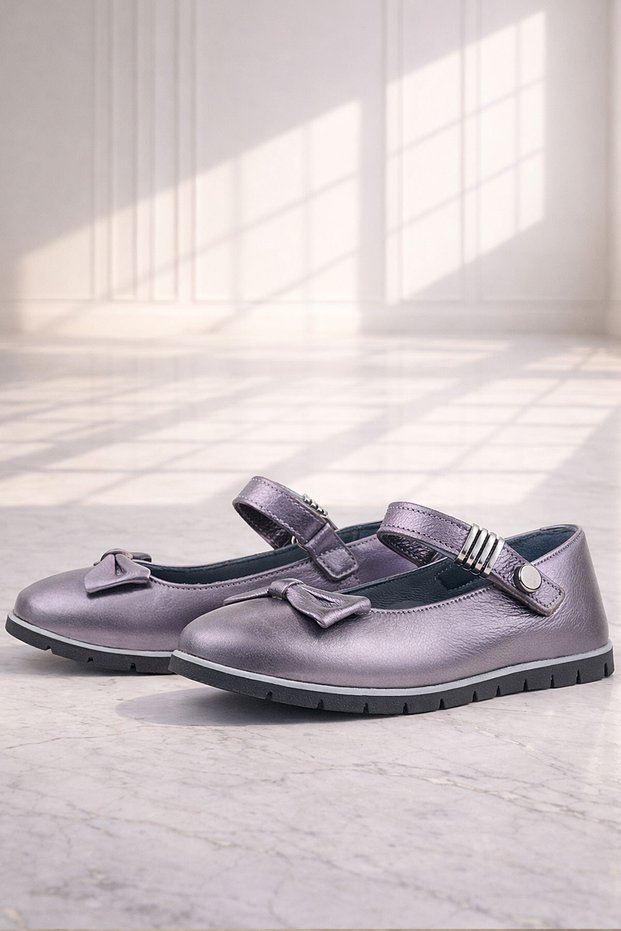Genuine Leather Platinum Buckle Detailed Velcro Girls' Ballerina Shoes