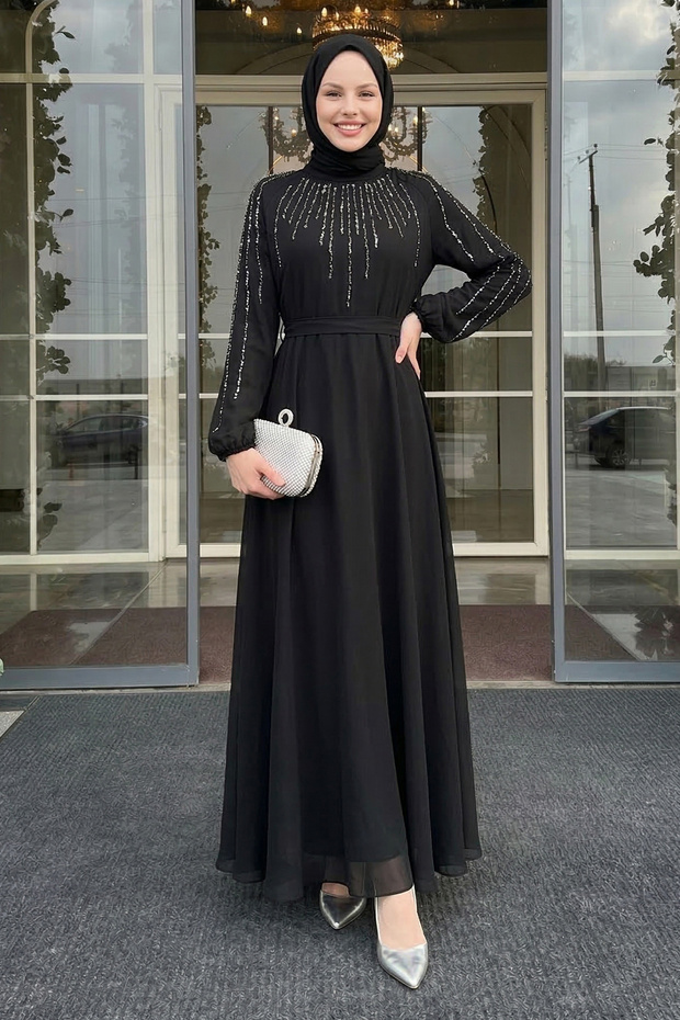 Black Evening Dress with Stones on the Collar and Sleeves