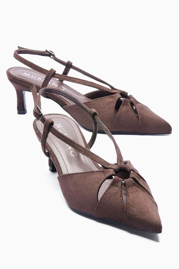 Women's Suede Stiletto Pointed Toe Strappy Open Back Heeled Shoes Cora Brown