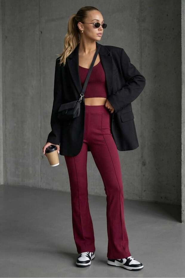 Burgundy High Waist Flare Leg Stylish Casual Women's Leggings Mg2645