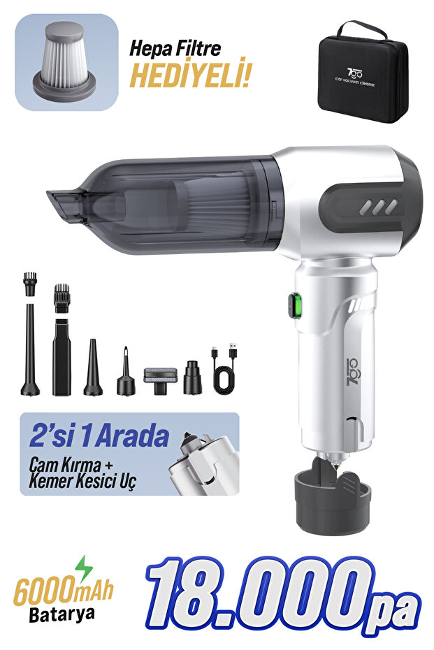 AHV-14 2'si 1 Arada Kablosuz Araç İçi Süpürge Gümüş | 18000PA Güçlü Vakum + Üfleme | Cam Kırıcı - 1