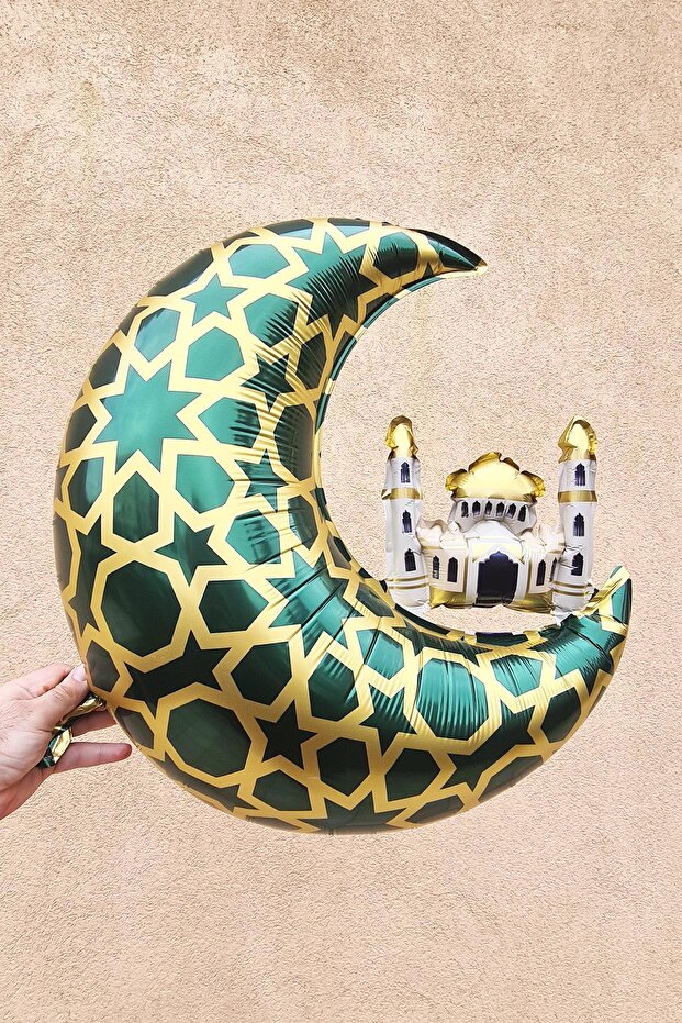Mosque Figured Moon Balloon Green - Ramadan Ornaments Moon Shaped Mosque Foil Balloon