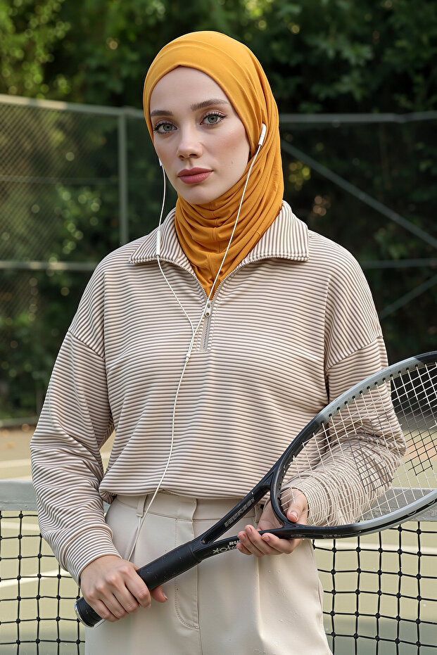 Combed Cotton Bonnet with Neck Covering Feature and Headphone Opening, B-94, Mustard