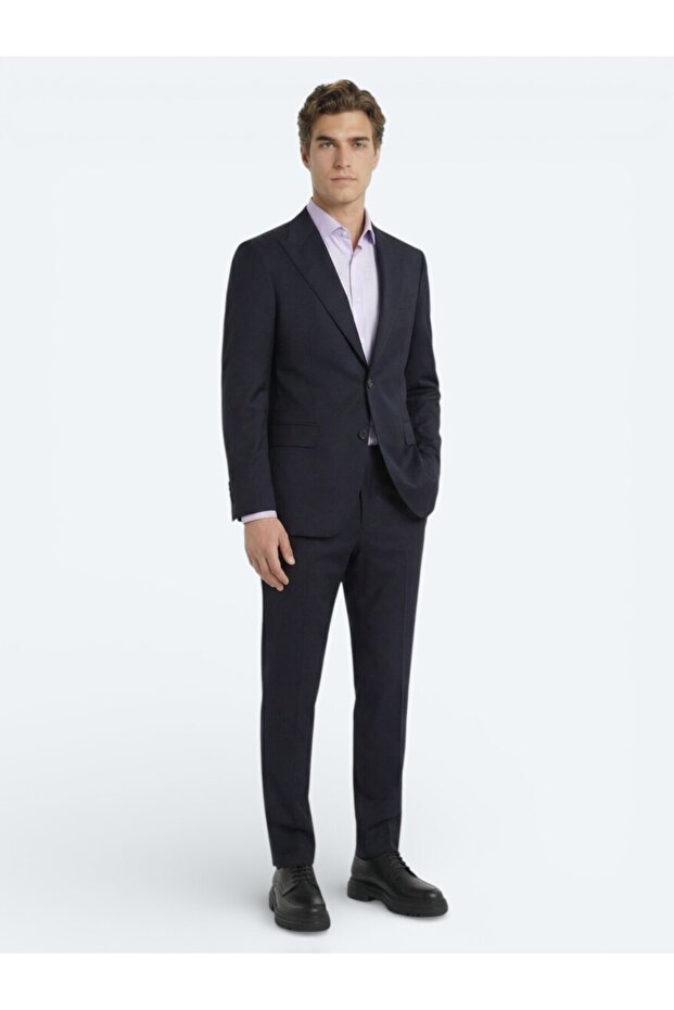 Navy Blue Solid Wool Blend Suit - 3