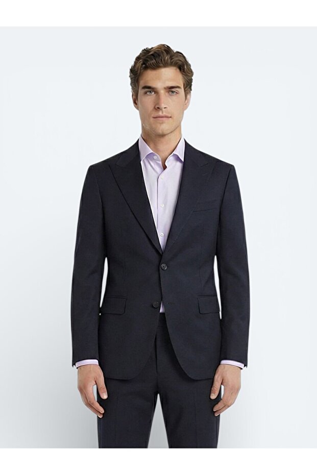 Navy Blue Solid Wool Blend Suit - 2