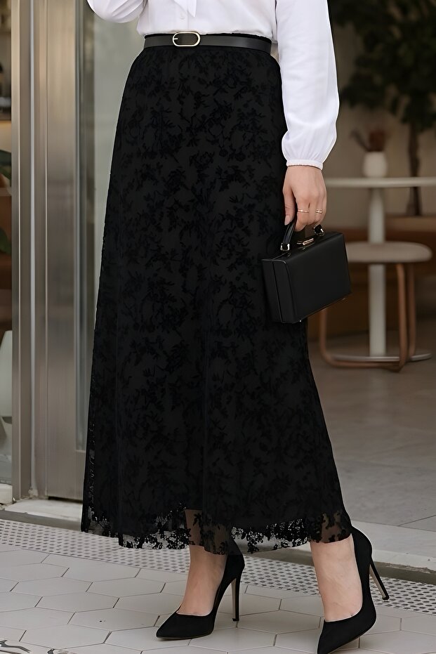Black Flocked Guipure Skirt with Waist Belt and Lining