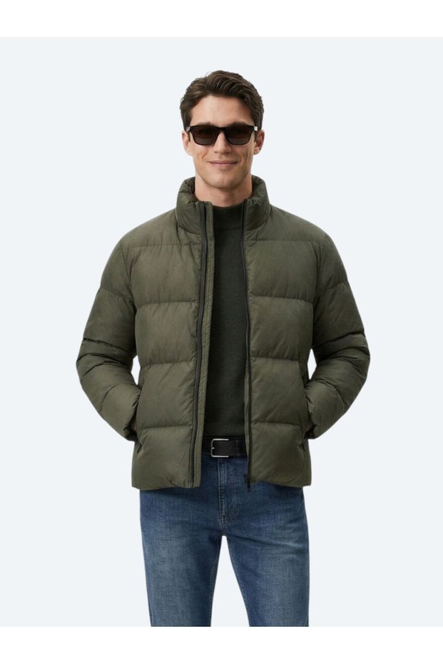 Khaki Regular Fit Stand Collar Casual Woven Coat